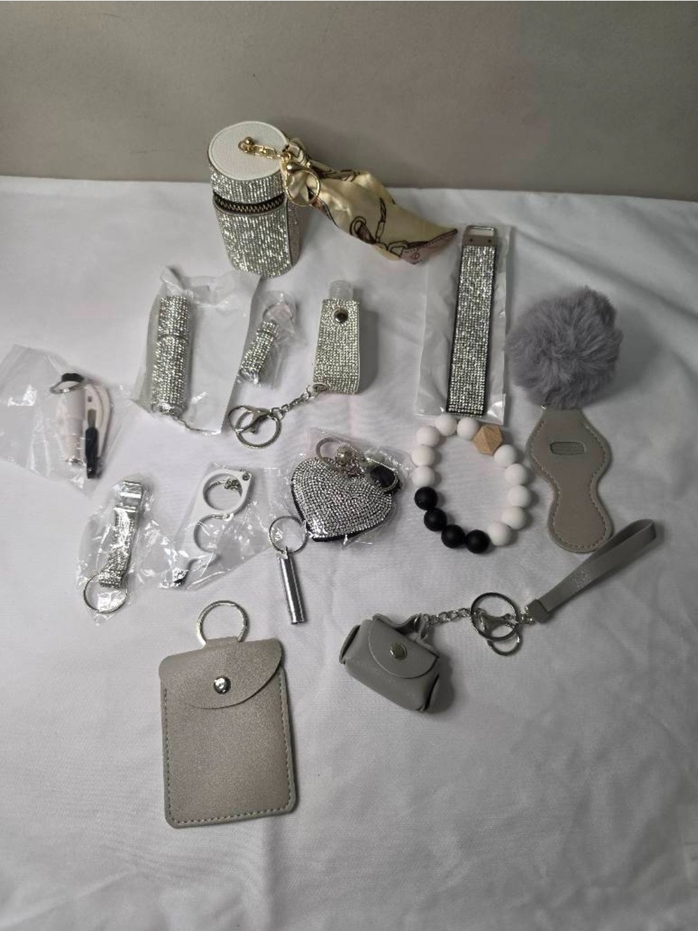 Gray Women's Accessory Gift Set with Pom Keychain and Card Holder